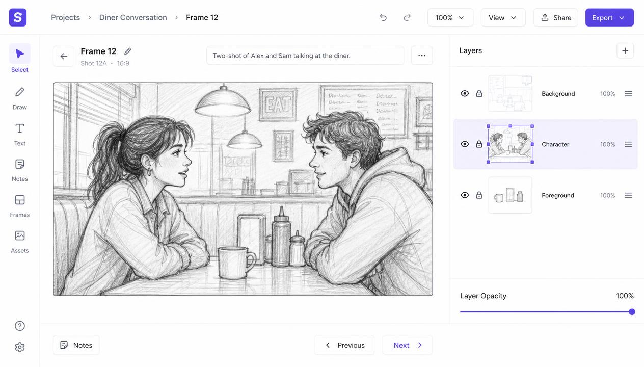 AI-generated storyboard frame open in an editor with a layers panel