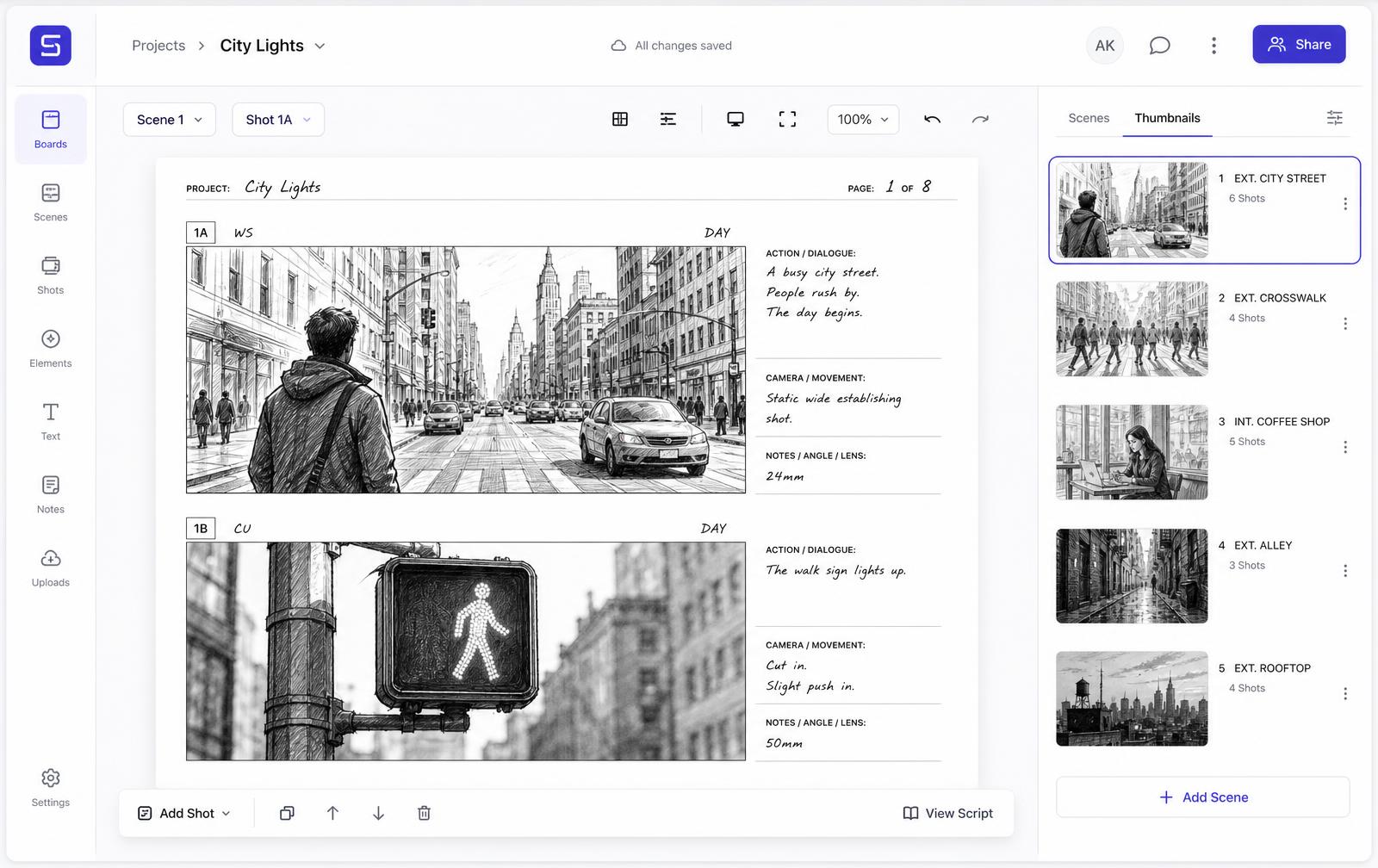 CineoBoard storyboard editor with scene panels, shot notes and a scene thumbnail list